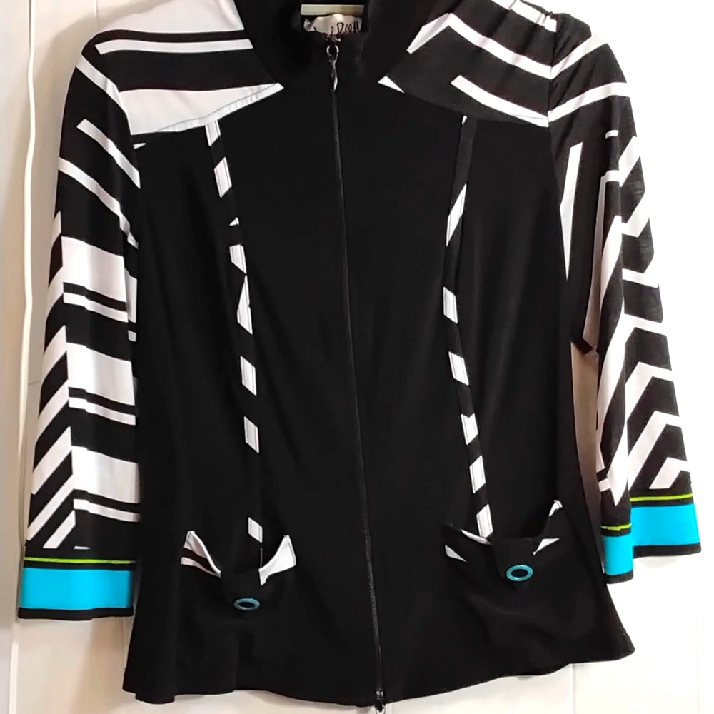 Joseph Ribkoff Black White and Turquoise Zip-Front Blazer